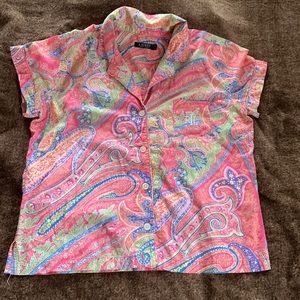 Lauren Ralph Lauren Top Summer Paisley Monogram Shirt Size Large
